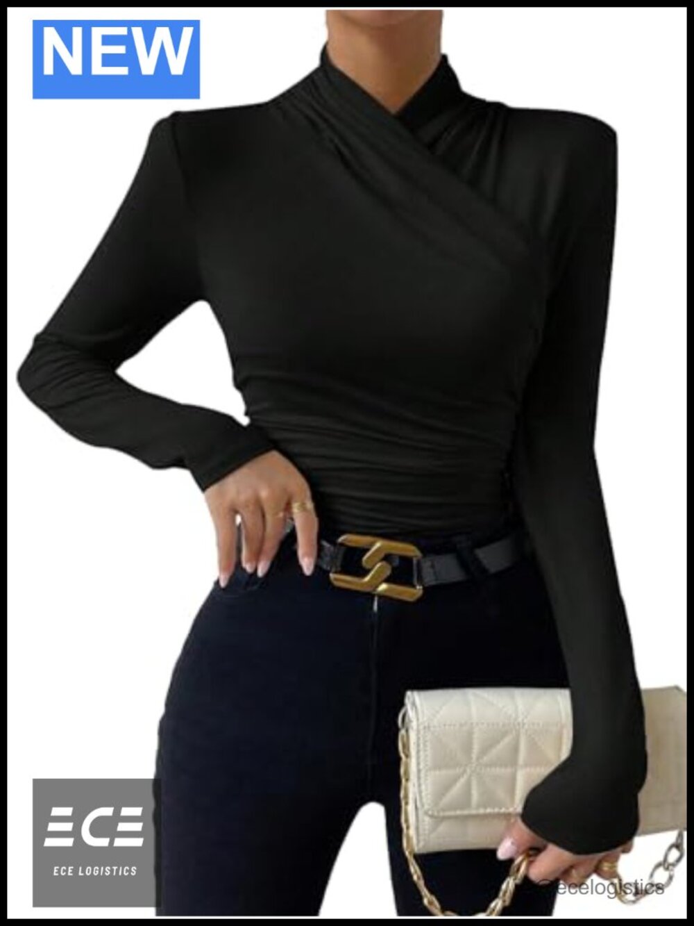 Ruched Mock Neck Long Sleeve Wrap Tee Slim Fit Polyester Top